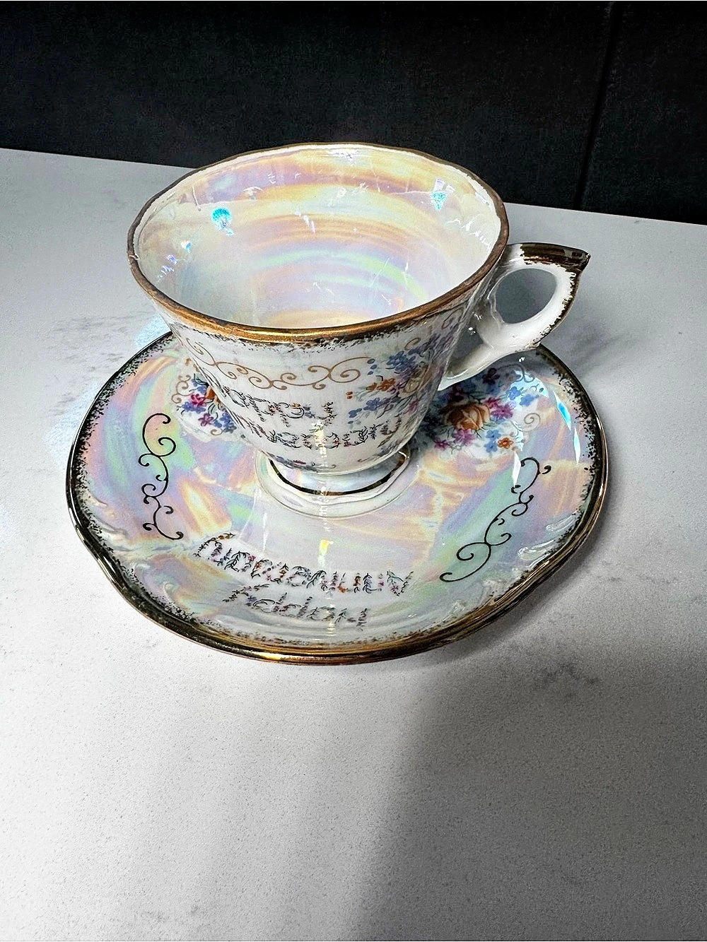 Vintage Norleans Japan Happy Anniversary Teacup Saucer Lusterware Iridescent Gol